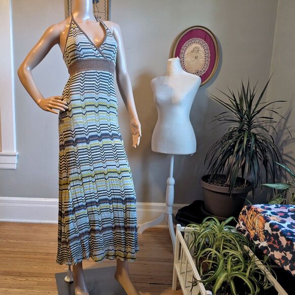 Vintage Y2K BCBGMAXAZRIA Knit Dress Halter Maxi Chevron Silk Summer Size XS - Picture 2 of 13